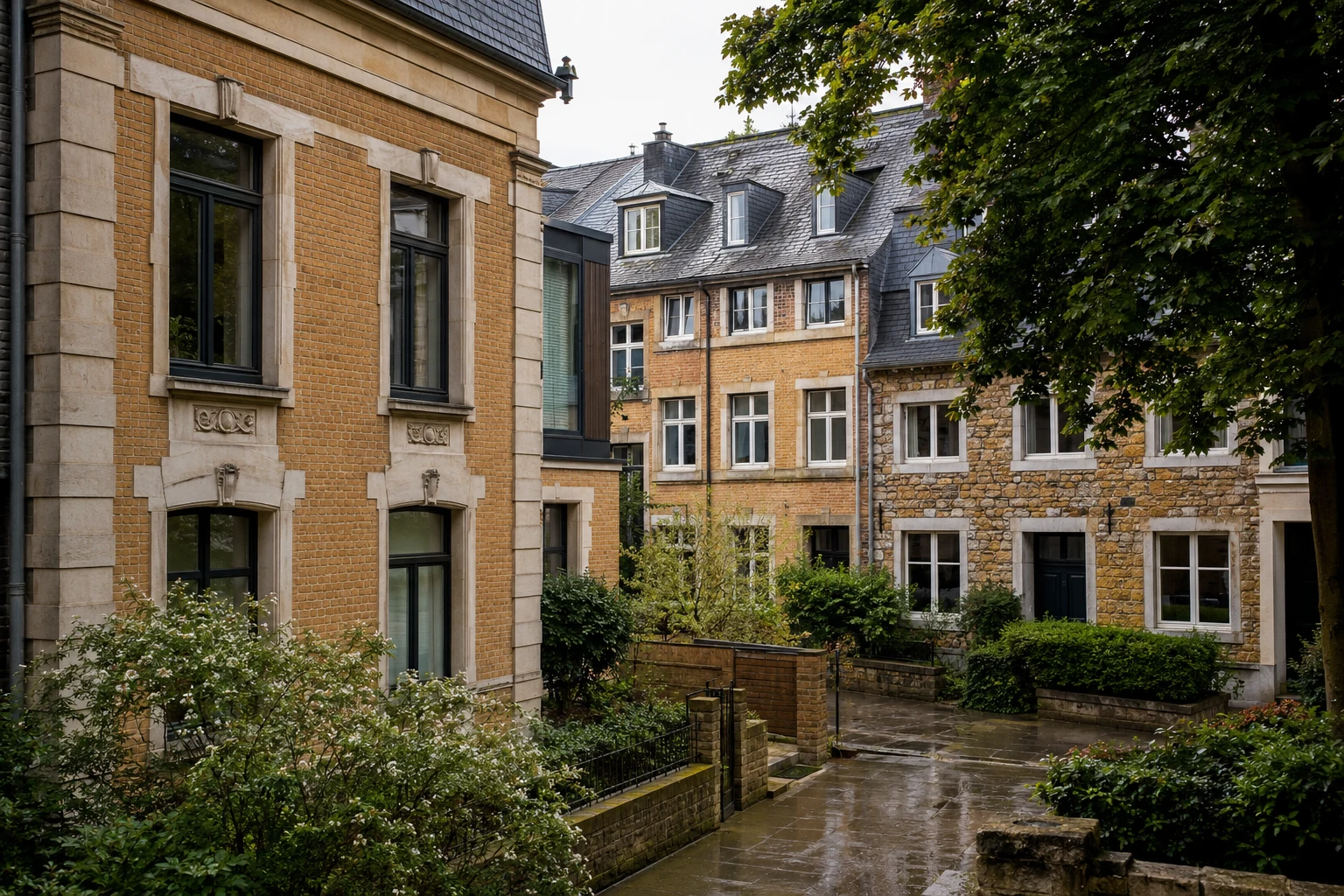 Regenfrischer Aachener Wohnhof mit Backstein, Schiefer und altem Baumbestand